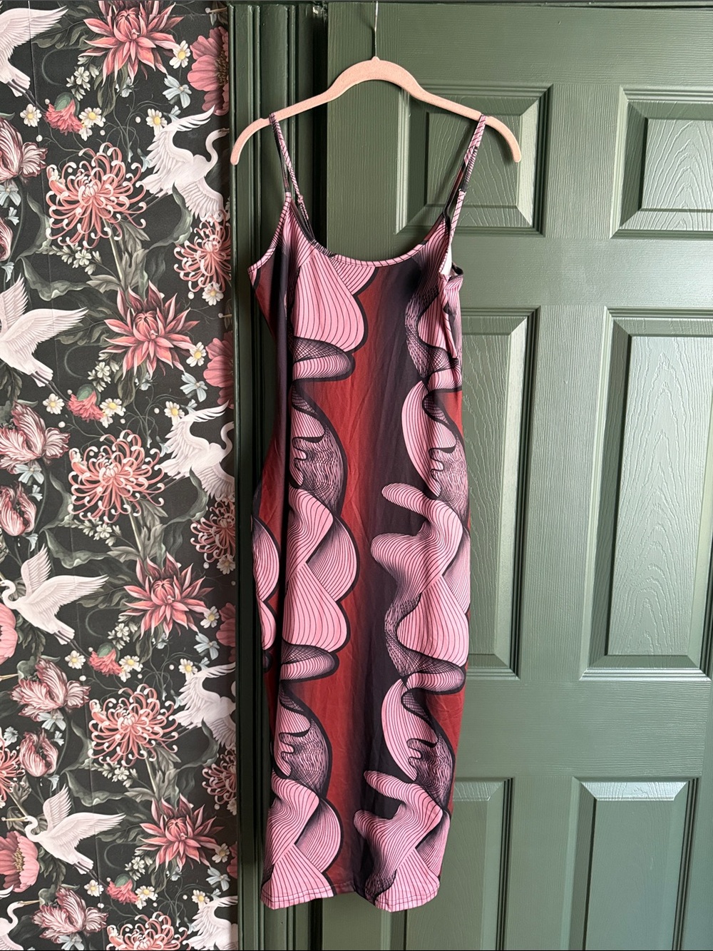 SHEIN Pink & Red Abstract Slip Midi Dress